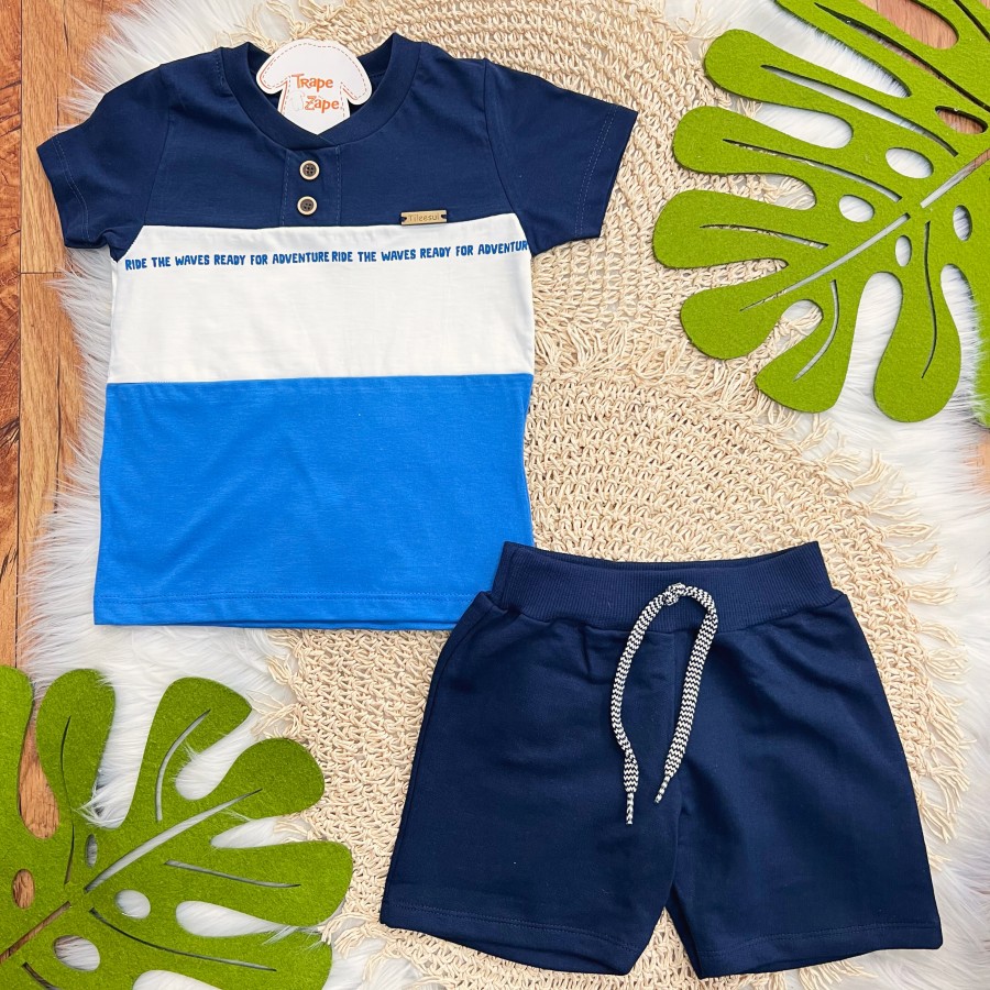 Conj. Camiseta Ride the Waves e Bermuda - Azul
